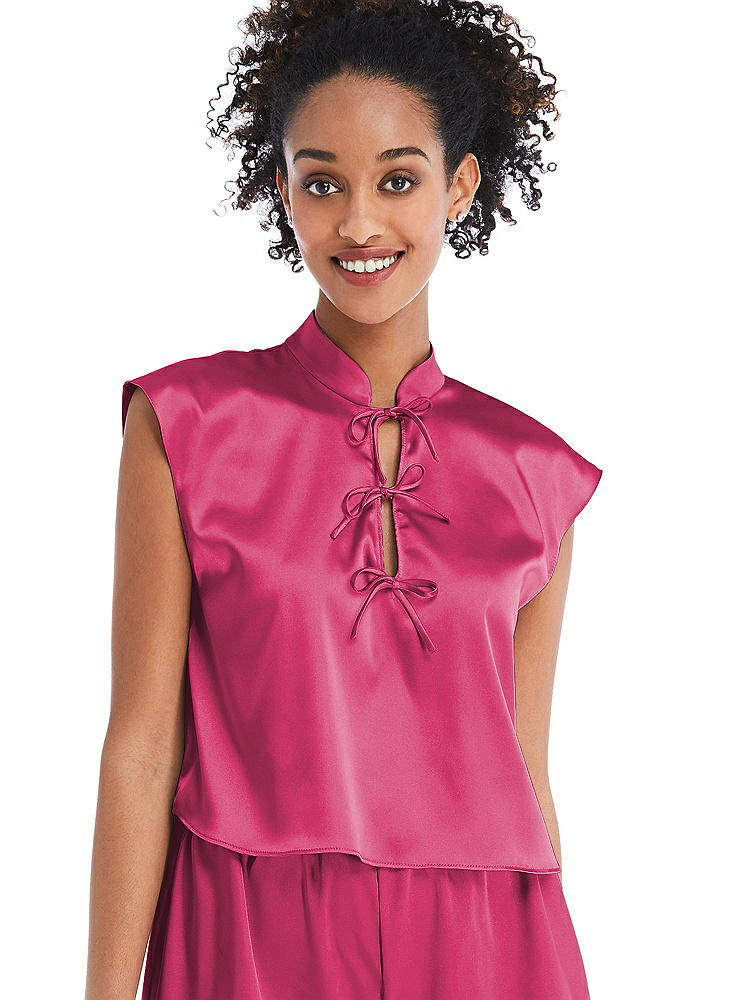 Front View - Shocking Satin Stand Collar Tie-Front Pullover Top - Remi