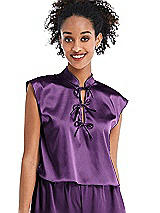Front View Thumbnail - African Violet Satin Stand Collar Tie-Front Pullover Top - Remi