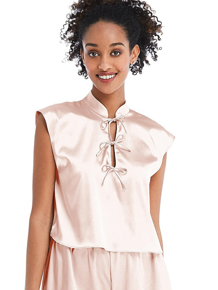 Front View - Blush Satin Stand Collar Tie-Front Pullover Top - Remi
