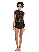 Alt View 1 Thumbnail - Espresso Satin Stand Collar Tie-Front Pullover Top - Remi