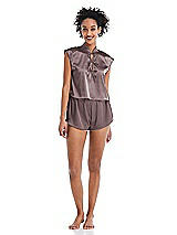 Alt View 1 Thumbnail - French Truffle Satin Stand Collar Tie-Front Pullover Top - Remi