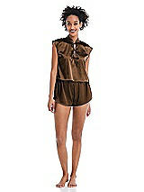 Alt View 1 Thumbnail - Latte Satin Stand Collar Tie-Front Pullover Top - Remi