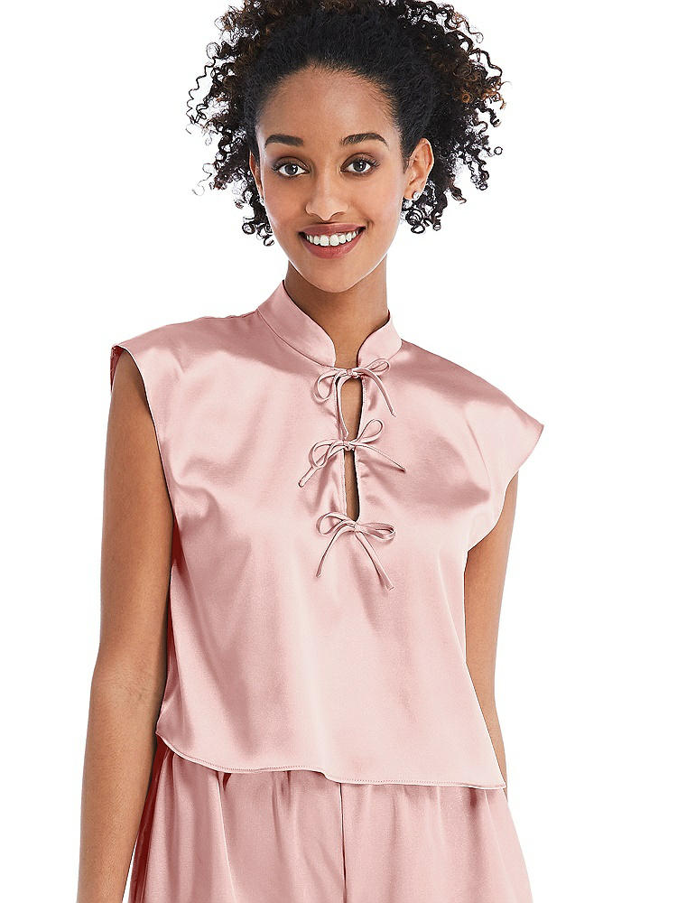Front View - Rose Satin Stand Collar Tie-Front Pullover Top - Remi