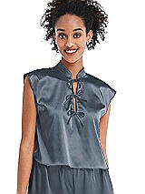 Front View Thumbnail - Silverstone Satin Stand Collar Tie-Front Pullover Top - Remi