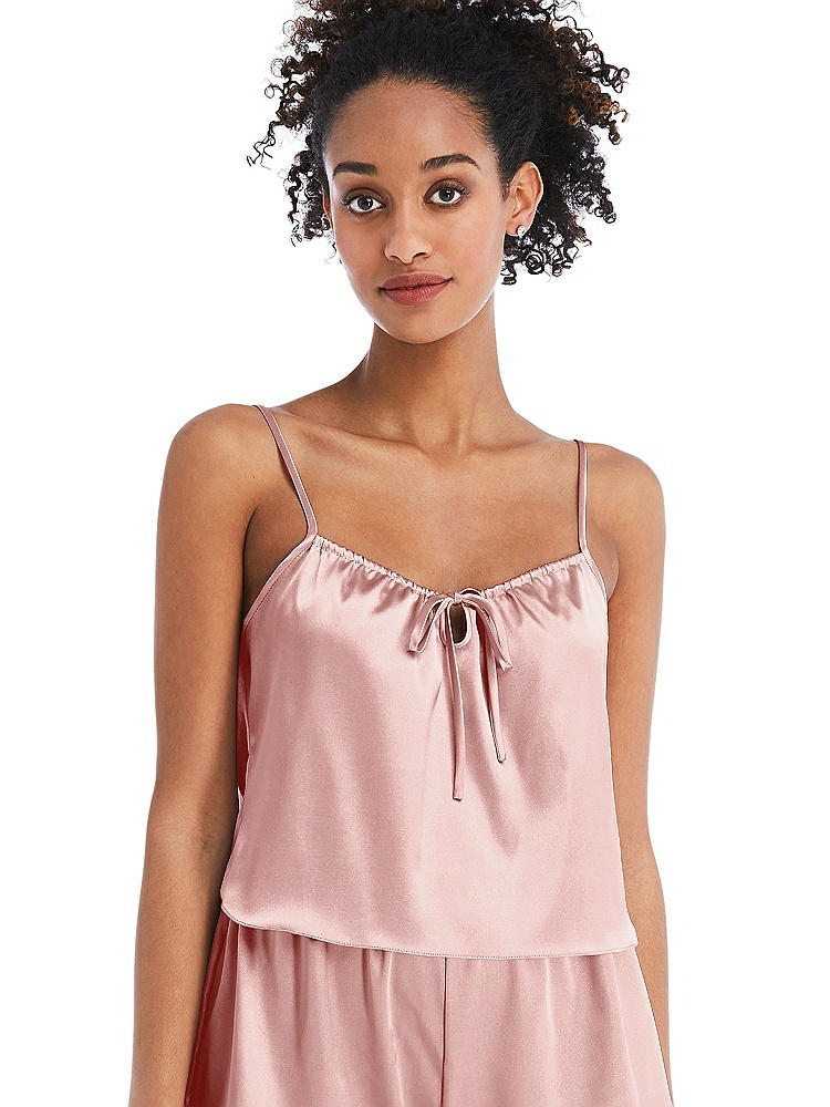 Front View - Rose Drawstring Neck Satin Cami with Bow Detail - Nyla