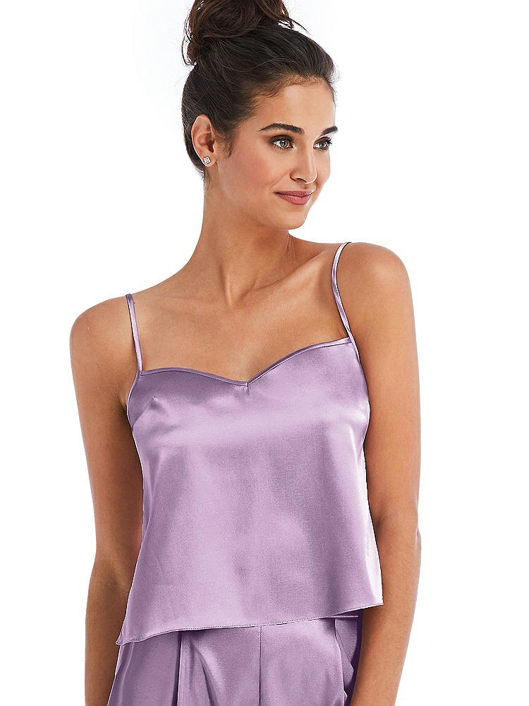 Front View - Wood Violet Split Back Satin Cami Top with Slim Straps
