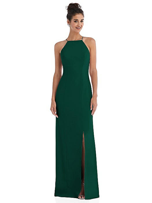 Open-Back High-Neck Halter Trumpet Gown