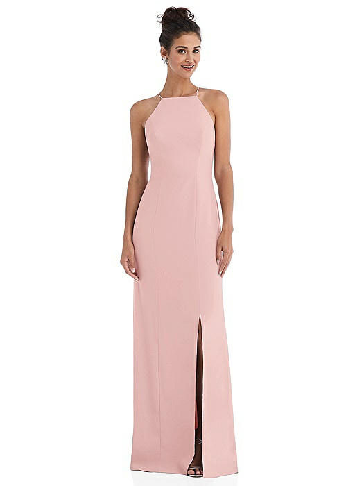 Open-Back High-Neck Halter Trumpet Gown