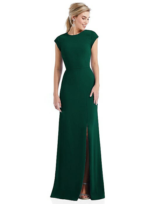 Cap Sleeve Open-Back Trumpet Gown with Front Slit
