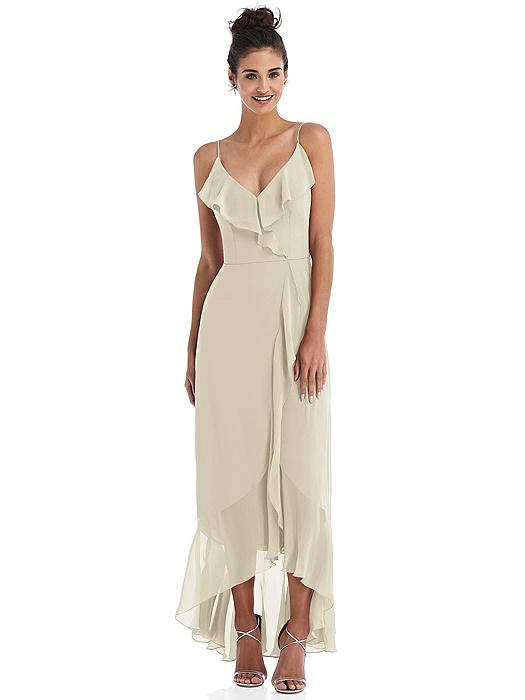 Ruffle-Trimmed V-Neck High Low Wrap Dress