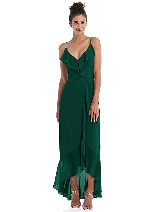 Ruffle-Trimmed V-Neck High Low Wrap Dress