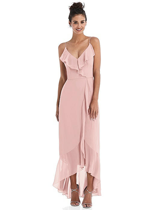 Ruffle-Trimmed V-Neck High Low Wrap Dress