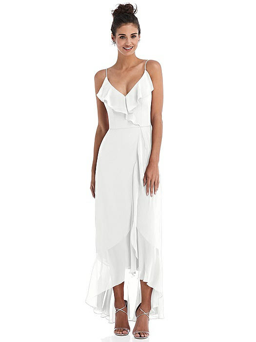 Ruffle-Trimmed V-Neck High Low Wrap Dress