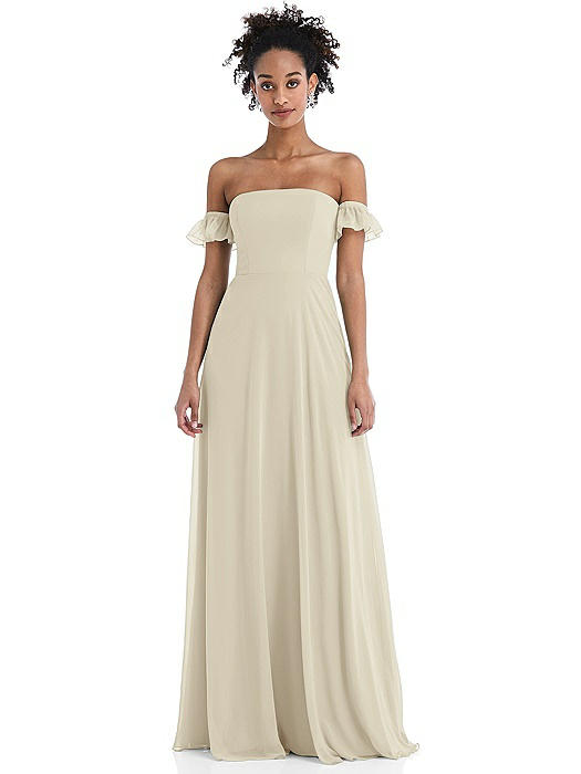 Off-the-Shoulder Ruffle Cuff Sleeve Chiffon Maxi Dress