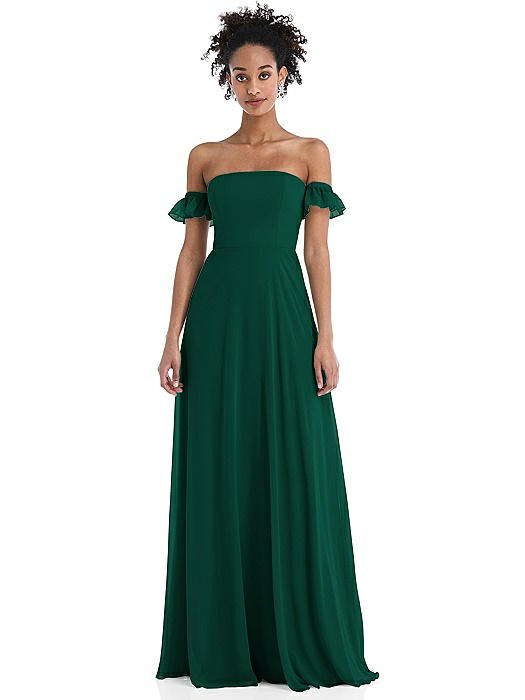 Off-the-Shoulder Ruffle Cuff Sleeve Chiffon Maxi Dress