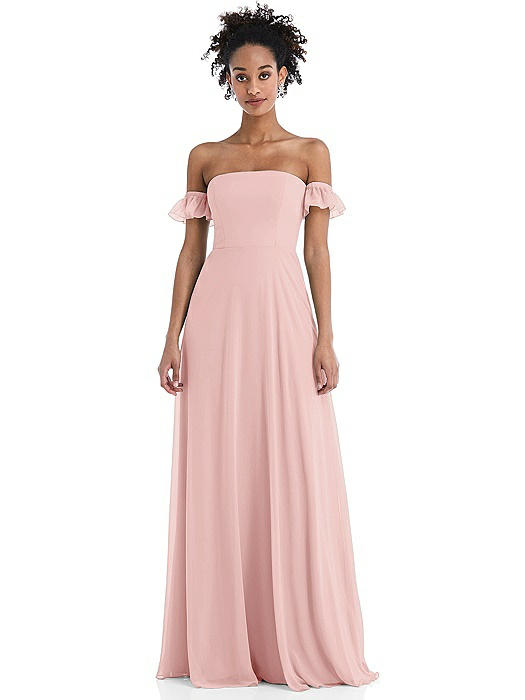 Off-the-Shoulder Ruffle Cuff Sleeve Chiffon Maxi Dress