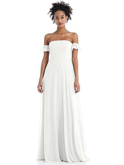 Off-the-Shoulder Ruffle Cuff Sleeve Chiffon Maxi Dress