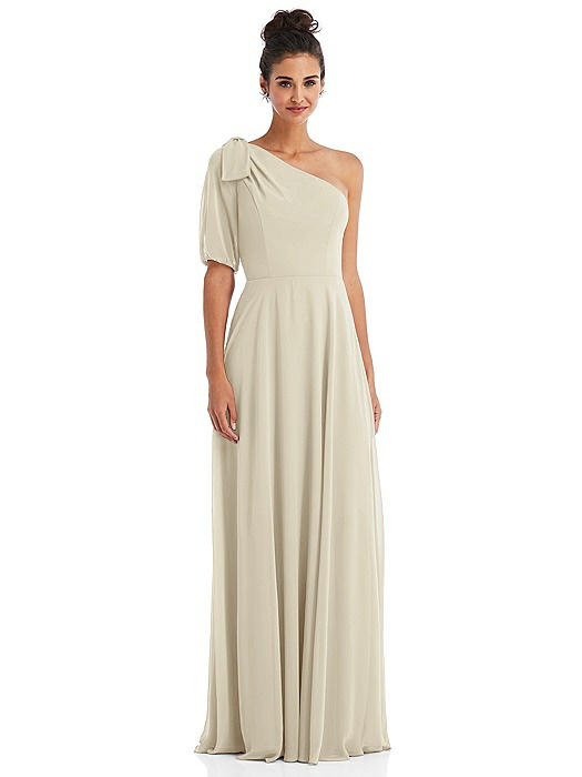 Bow One-Shoulder Flounce Sleeve Maxi Dress