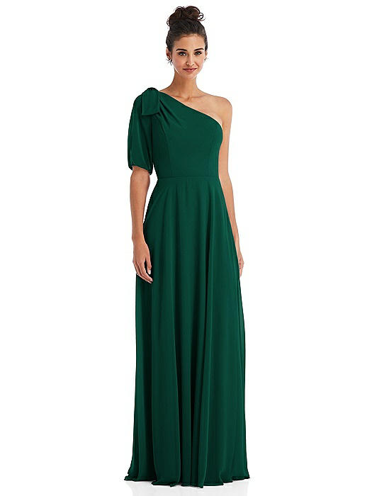 Bow One-Shoulder Flounce Sleeve Maxi Dress