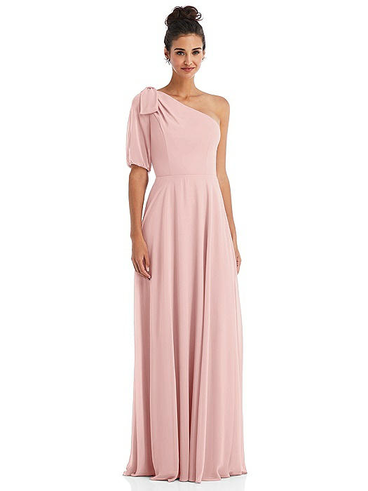 Bow One-Shoulder Flounce Sleeve Maxi Dress
