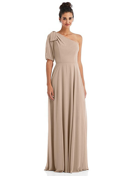 Bow One-Shoulder Flounce Sleeve Maxi Dress
