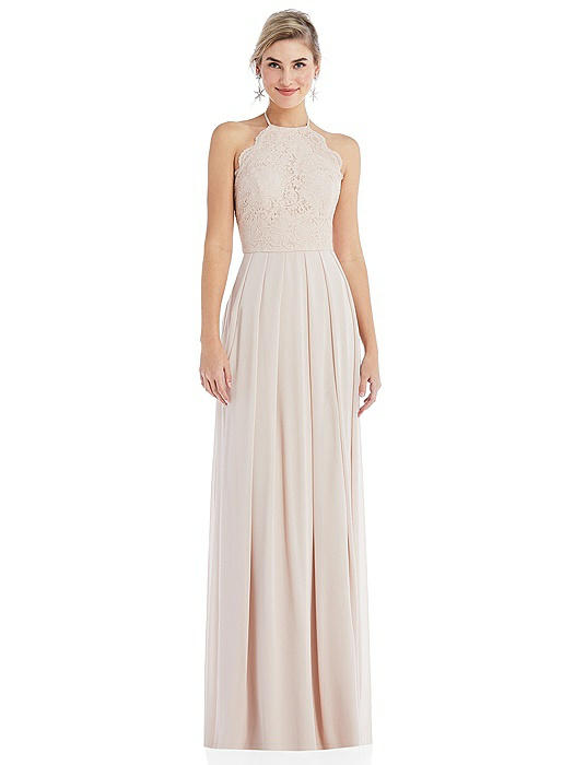 Tie-Neck Lace Halter Pleated Skirt Maxi Dress