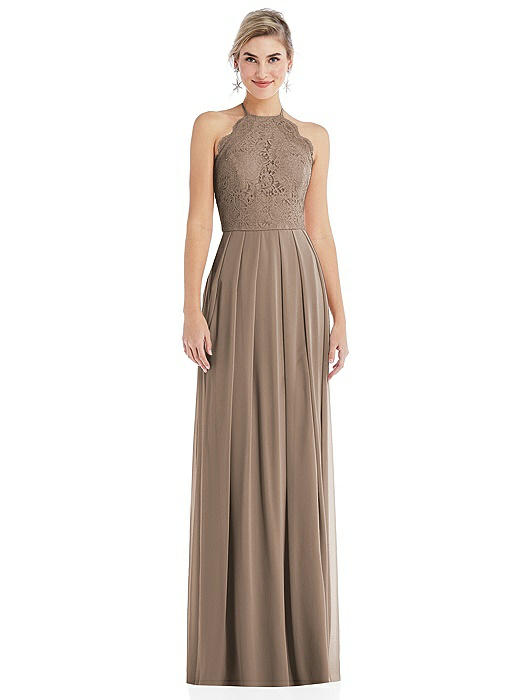 Tie-Neck Lace Halter Pleated Skirt Maxi Dress