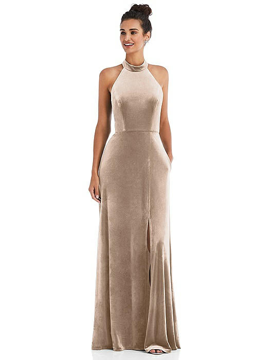 High-Neck Halter Velvet Maxi Dress with Front Slit