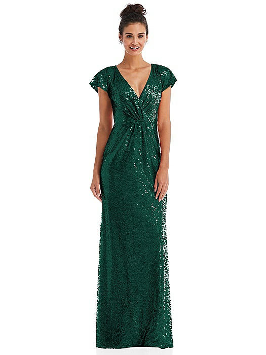 Cap Sleeve Wrap Bodice Sequin Maxi Dress