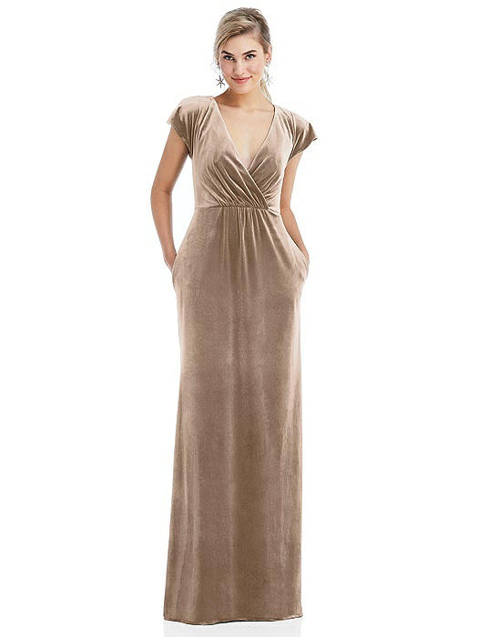 Flutter Sleeve Wrap Bodice Velvet Maxi Dress with Pockets