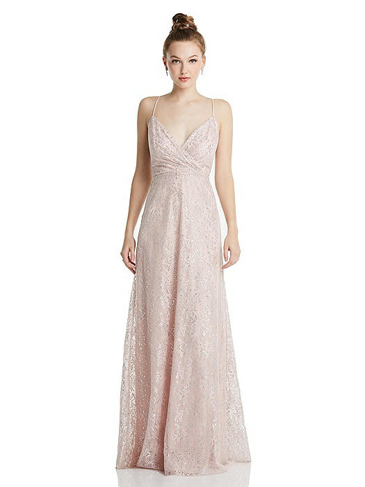 Draped Wrap Bodice Metallic Lace Maxi Dress