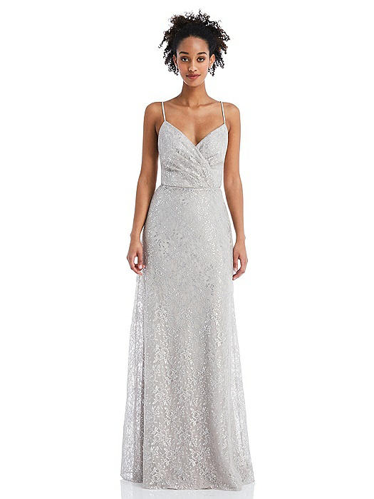 Draped Wrap Bodice Metallic Lace Maxi Dress