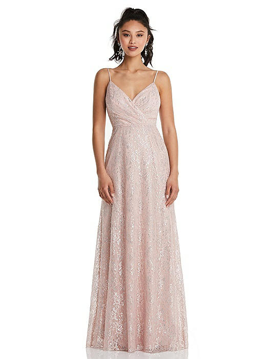 Draped Wrap Bodice Metallic Lace Maxi Dress