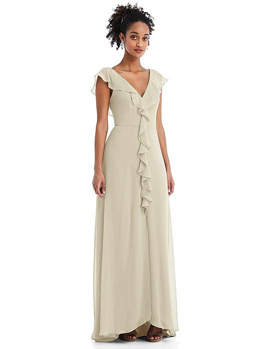 Ruffle-Trimmed V-Back Chiffon Maxi Dress