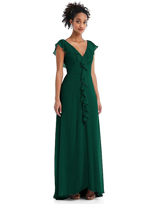 Ruffle-Trimmed V-Back Chiffon Maxi Dress