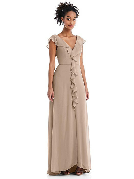 Ruffle-Trimmed V-Back Chiffon Maxi Dress