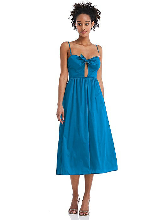 Bow-Tie Cutout Bodice Midi Dress with Pockets