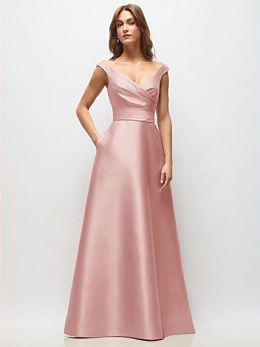 Off-the-Shoulder Draped Wrap Satin Maxi Dress