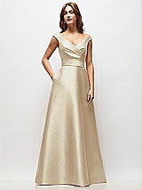 Front View Thumbnail - Champagne Off-the-Shoulder Draped Wrap Satin Maxi Dress