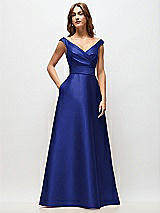 Front View Thumbnail - Cobalt Blue Off-the-Shoulder Draped Wrap Satin Maxi Dress