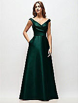 Front View Thumbnail - Evergreen Off-the-Shoulder Draped Wrap Satin Maxi Dress