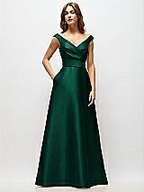 Front View Thumbnail - Hunter Green Off-the-Shoulder Draped Wrap Satin Maxi Dress