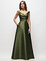 Front View Thumbnail - Olive Green Off-the-Shoulder Draped Wrap Satin Maxi Dress