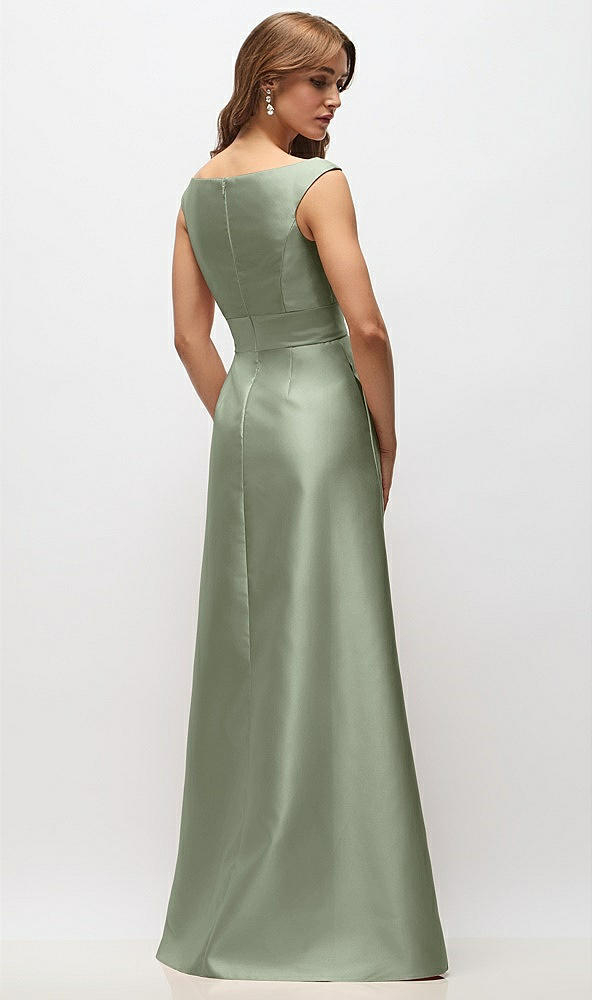 Back View - Sage Off-the-Shoulder Draped Wrap Satin Maxi Dress