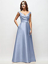 Front View Thumbnail - Sky Blue Off-the-Shoulder Draped Wrap Satin Maxi Dress
