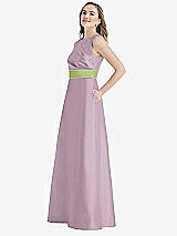 Side View Thumbnail - Suede Rose & Mojito High-Neck Asymmetrical Shirred Satin Maxi Dress with Pockets