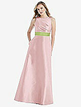 Front View Thumbnail - Ballet Pink & Mojito High-Neck Asymmetrical Shirred Satin Maxi Dress with Pockets