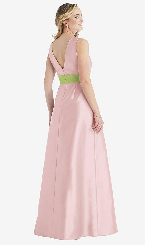 Back View - Ballet Pink & Mojito High-Neck Asymmetrical Shirred Satin Maxi Dress with Pockets
