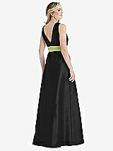 Rear View Thumbnail - Black & Mojito High-Neck Asymmetrical Shirred Satin Maxi Dress with Pockets