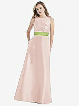 Front View Thumbnail - Blush & Mojito High-Neck Asymmetrical Shirred Satin Maxi Dress with Pockets